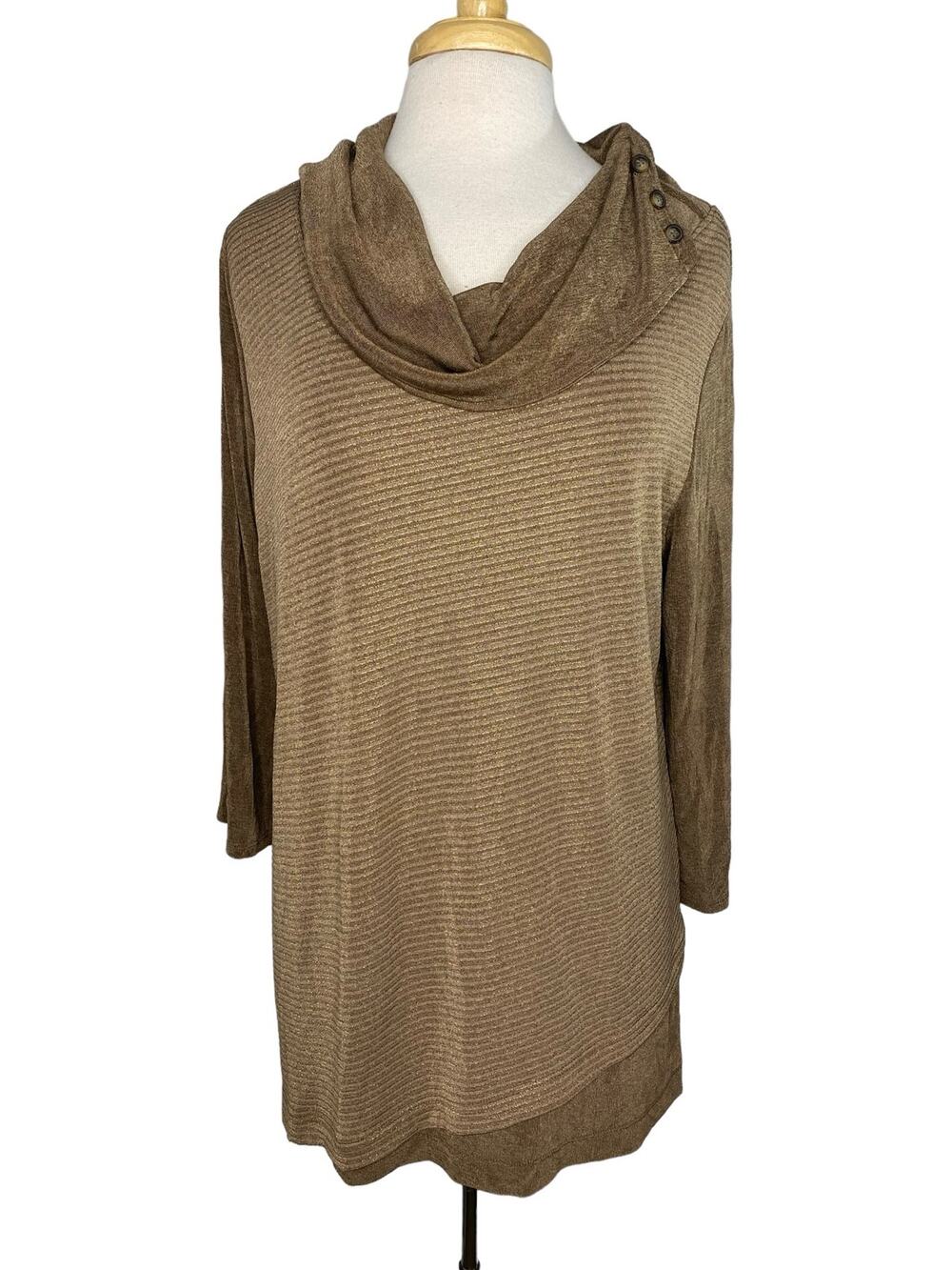 CHICOS TRAVELERS Brown Gold Stripe Mock Neck Long Sleeve Top Size Large (2)